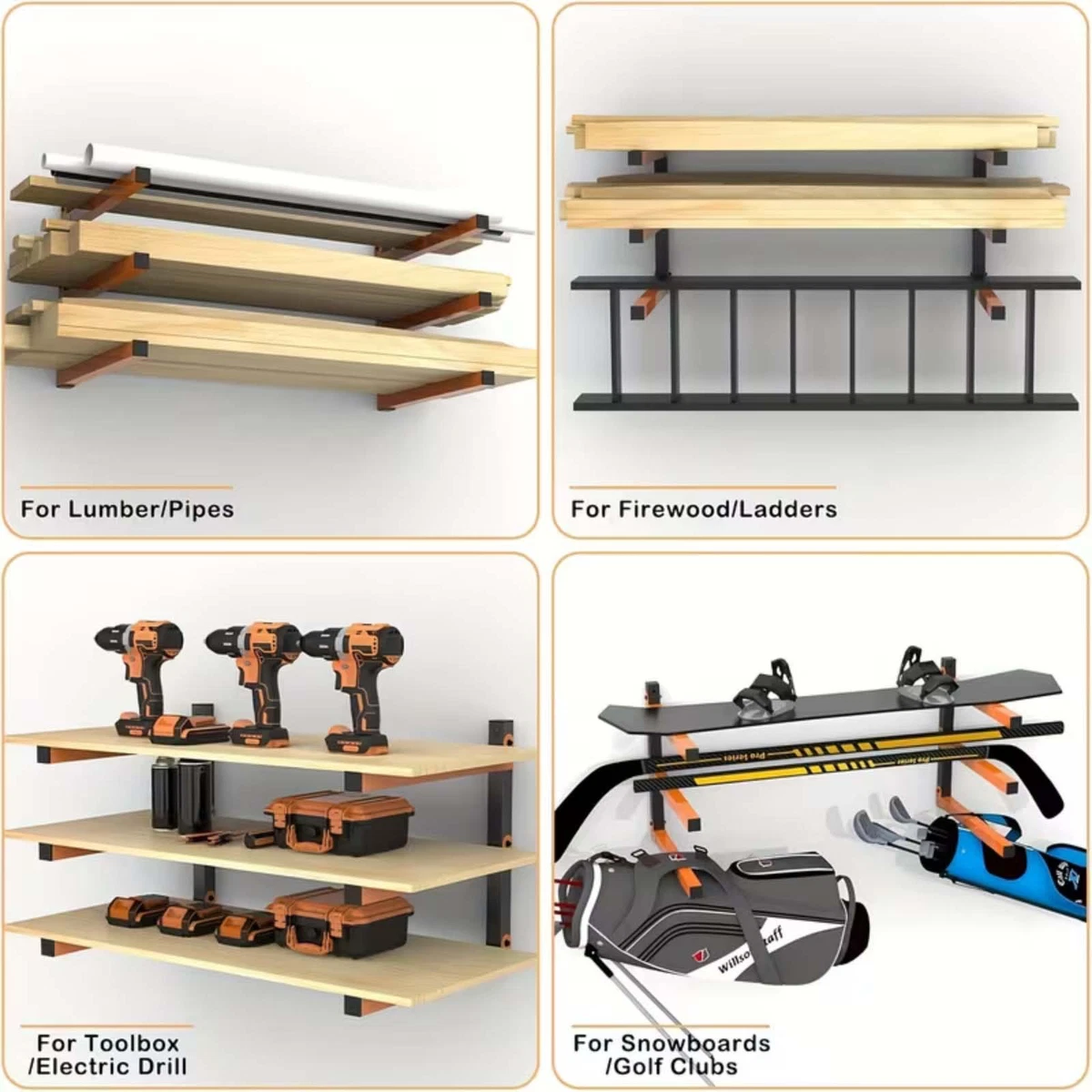 4PCS Wall Mount Wood Organizer and Lumber Storage Metal Rack with 3-Level