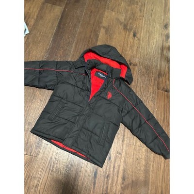 Vintage US Polo Assn Kids Black Red Puffer Jacket Hooded Winter Warm Size 14 16