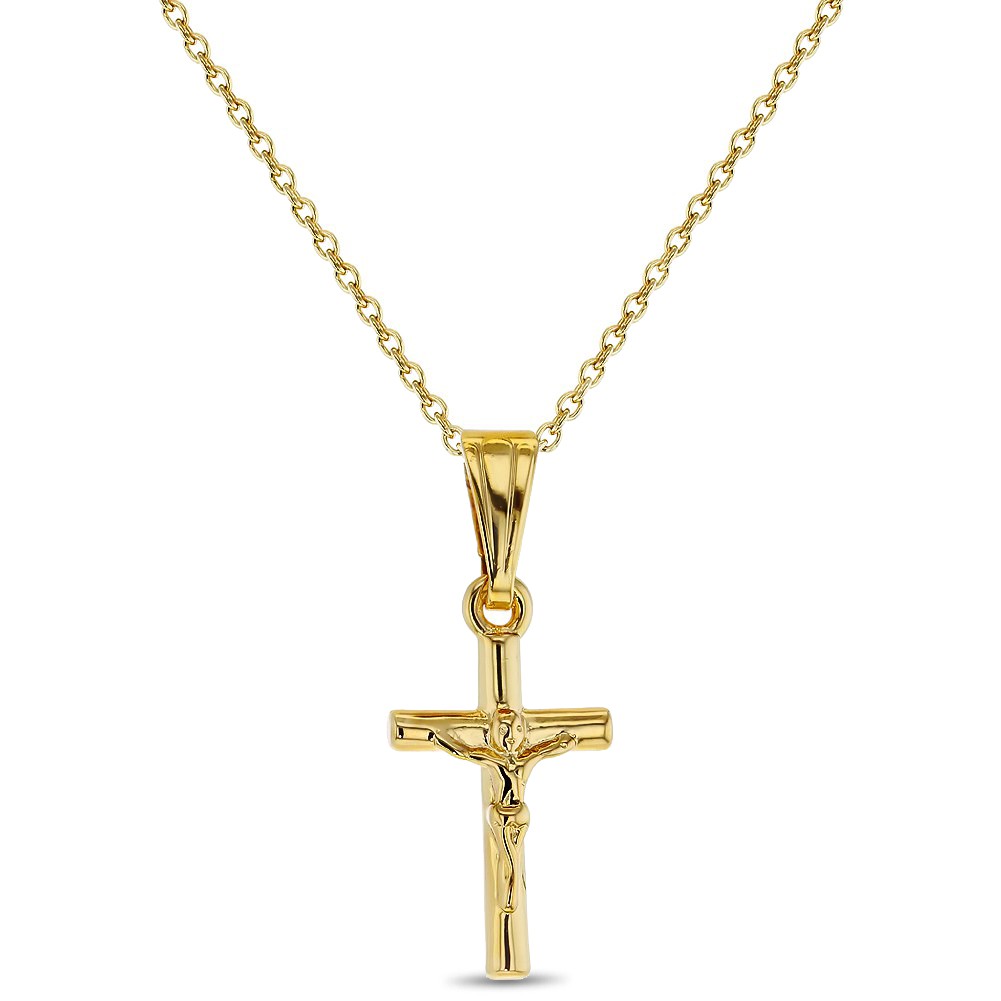 Gold Plated Small Jesus Crucifix Cross Pendant Catholic Necklace for Kids 16"
