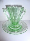VTG Uranium Sugar Bowl & Saucer Green Vaseline Glass Optic Block Anchor Hocking