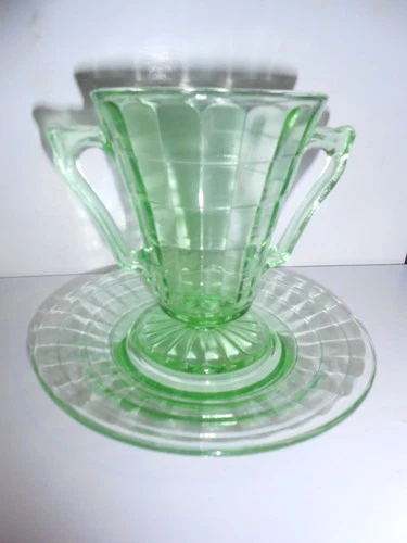 VTG Uranium Sugar Bowl & Saucer Green Vaseline Glass Optic Block Anchor Hocking