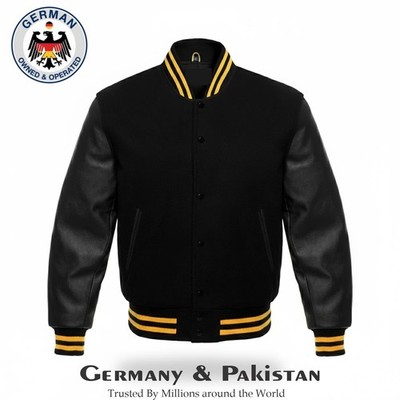 Black Varsity Letterman Wool Body Genuine Leather Sleeves Baseball Bomber Jacket