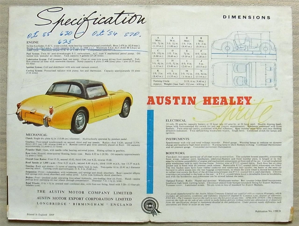 AUSTIN HEALEY Sprite Car Sales Brochure Feb 1959 Ref 1590/B - Image 4 of 4