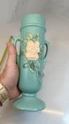 Vtg 1930s Weller Wild Rose Pottery Vase 9 5/8” Green Matte Double Handle Art