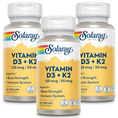 Solaray Vitamin D3 + K2 Bone Strength, Immune Support 60 vcaps Each (Pack of 3)