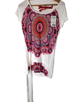 Desigual Tunic Top Womens White Patterned Tie High Low Hem Scoop Neck Size: M