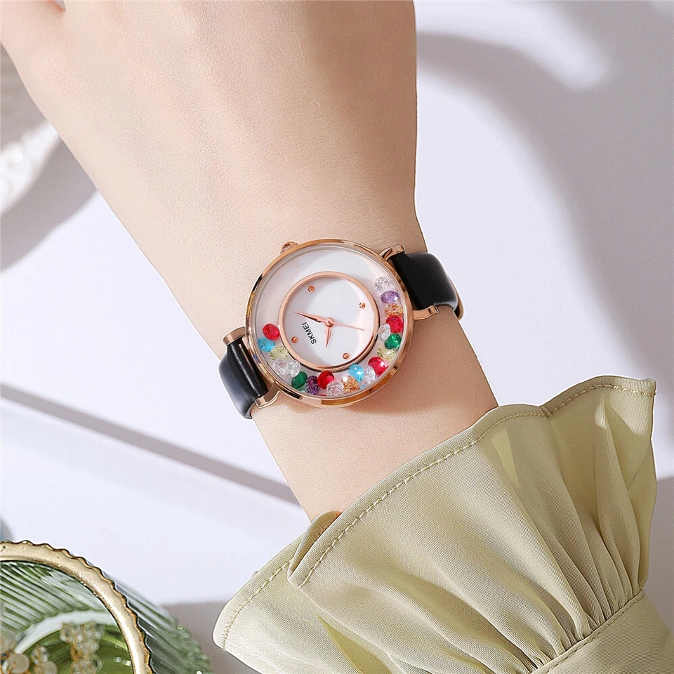 SKMEI Women's Quartz Elegant Watch Colorful Crystal Leather Strap Wristwatch - Image 3 of 4