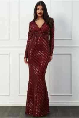goddiva red sequin dress Goddiva Sequin Square Neck Maxi With Scallop Hem - Red
