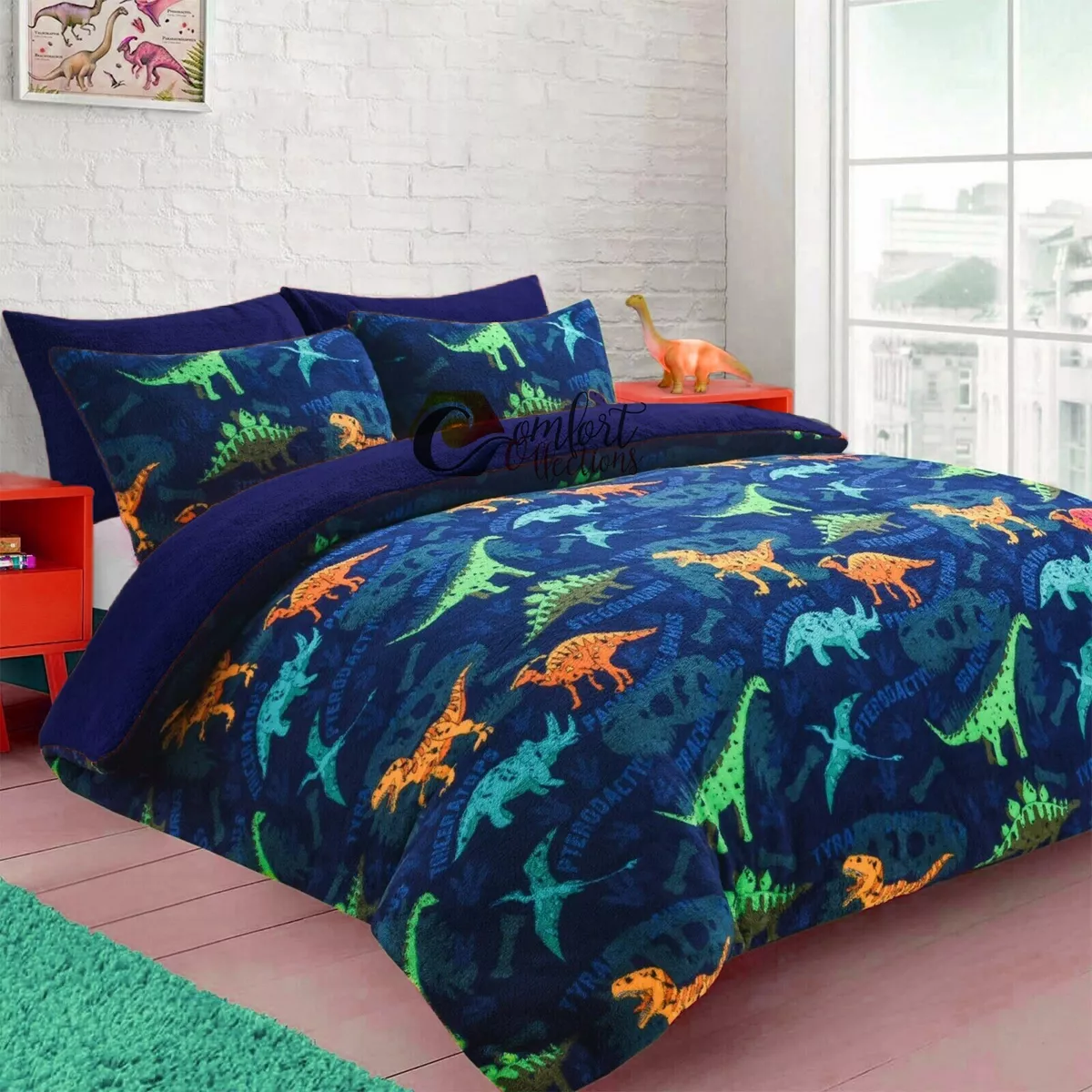 Teddy Fleece Dinosaur Blue Kids Bedding Duvet Set Children Quilt