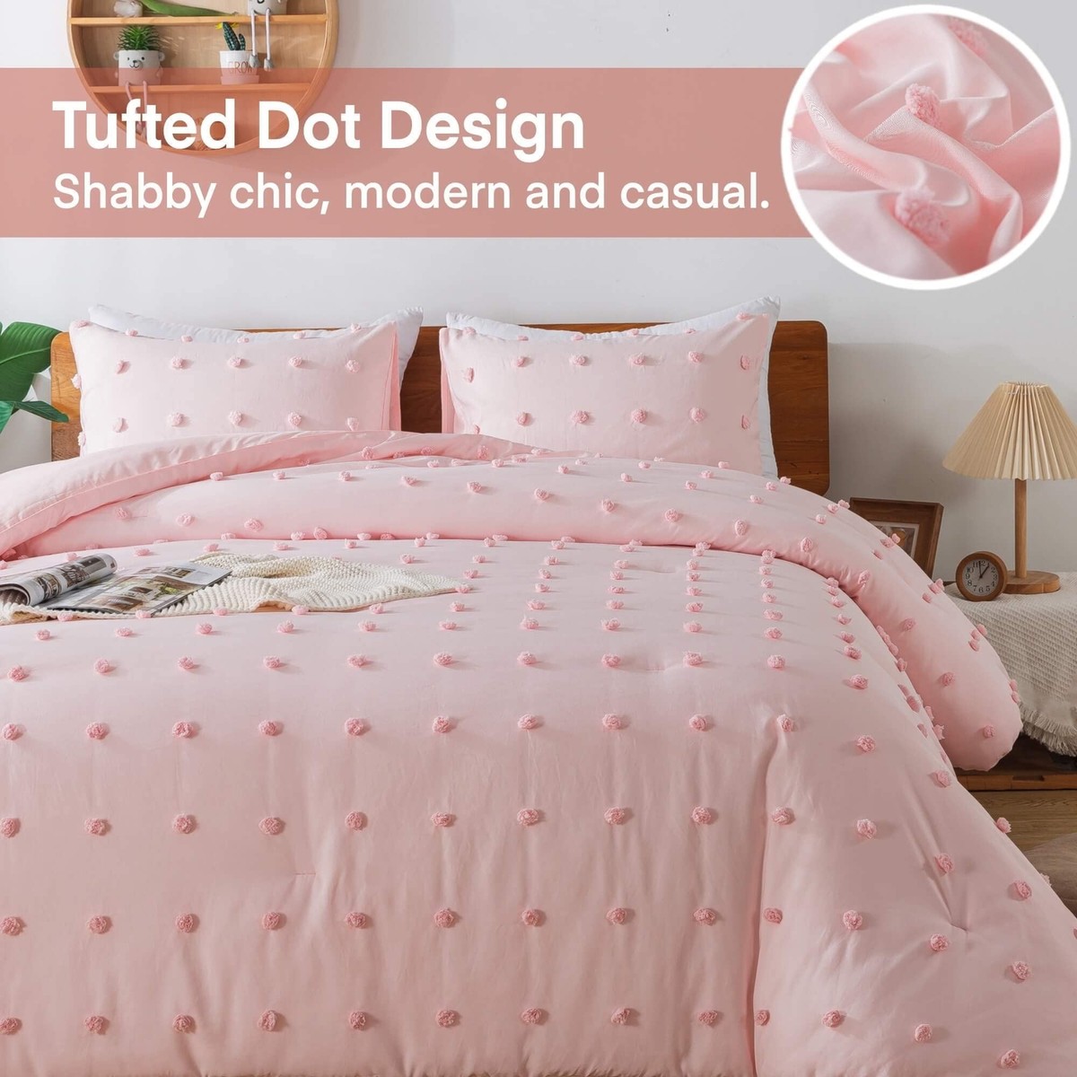 Tufted Pink Queen Comforter Set (90x90 inches), 3 Pieces
