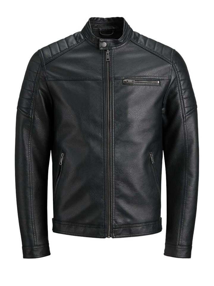 Jack & Jones Biker Jacket Full Zip Coat Zip Pockets Black Tan Brown - Image 2 of 4