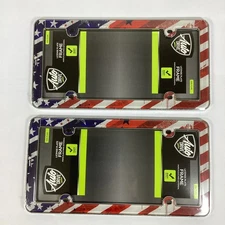 2 American USA Flag License Plate Frames Aluminum Auto Drive New Easy Install