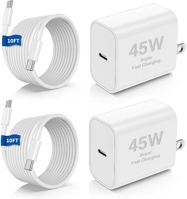 2-Pack 45W USB-C Fast Charger Block with 10ft Cable for iPhone 17 Pro Max/16 Pro