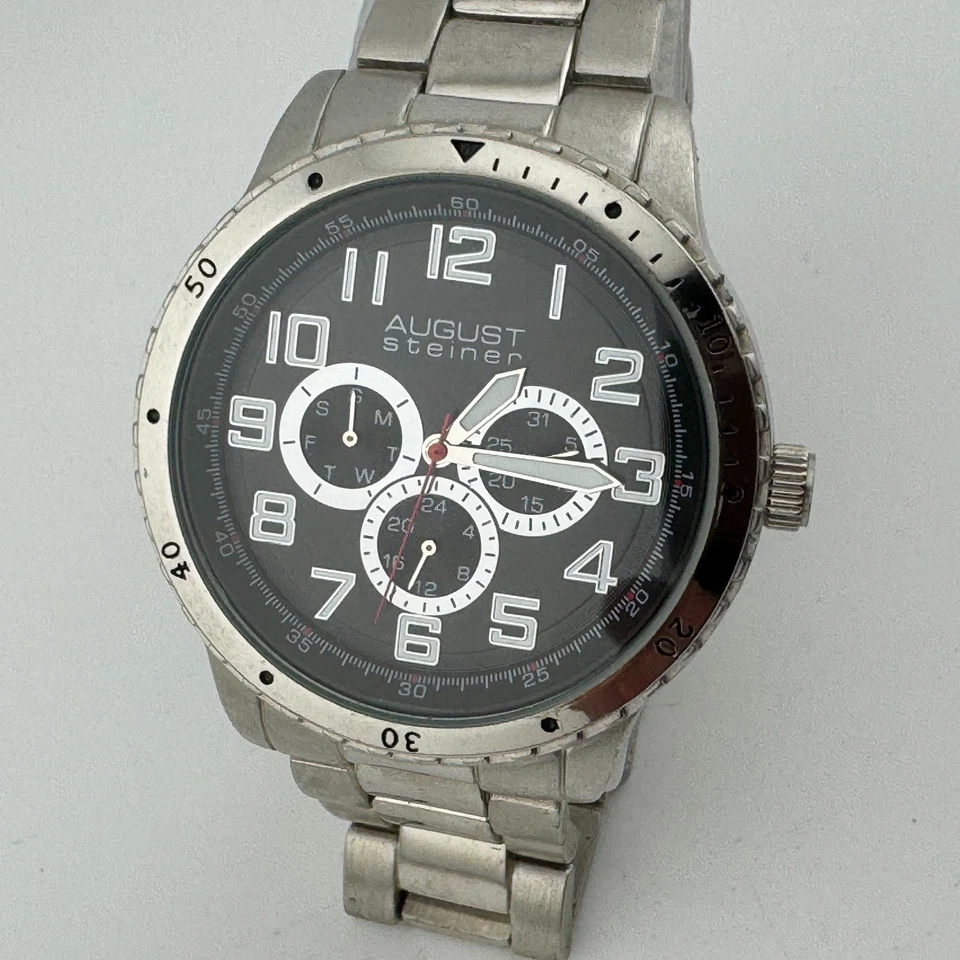 August Steiner 石英手表男士 30 米银色黑色日期模拟全新电池 8 — 第 2/4 张图片