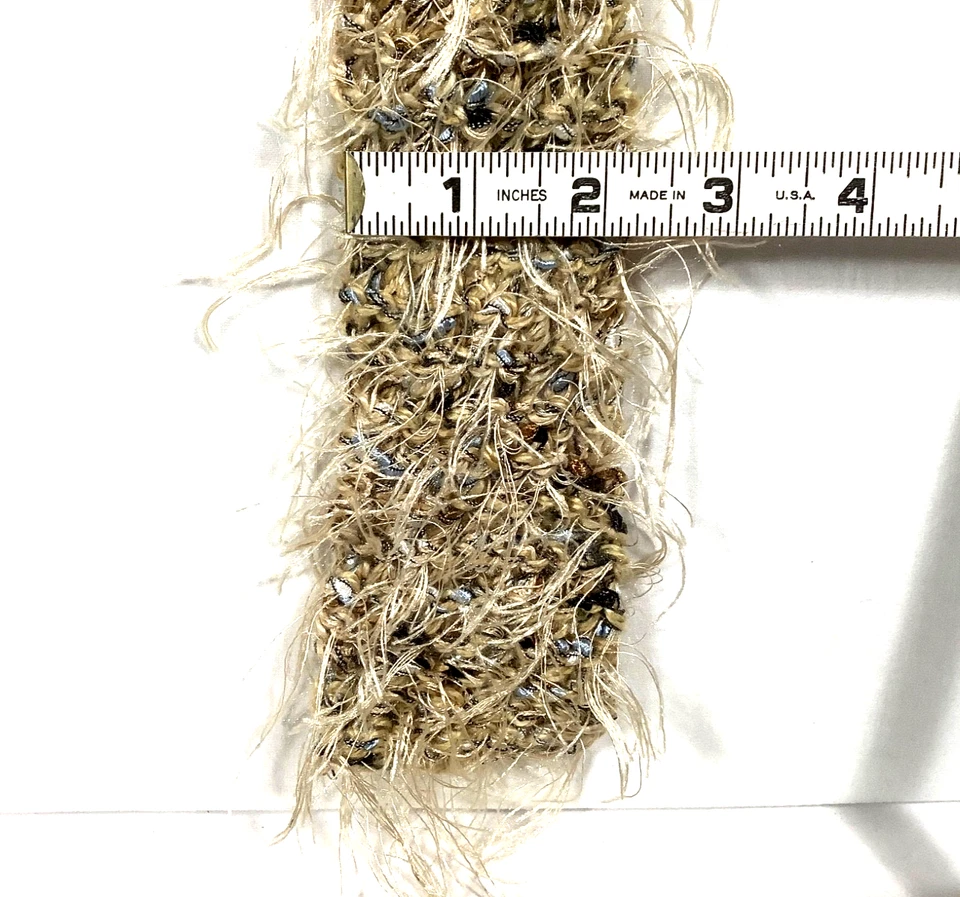 BUFANDA DELGADA PESTAÑAS Larga 70” Hecha a Mano Crema, Marrón y Azul Sedoso Y2K De Colección BOHO Foto 3 de 4
