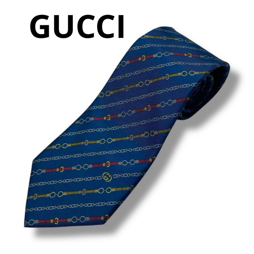 Gucci Necktie Tie 100% Silk Blue Chain Striped Pattern 3.5 inches From Japan