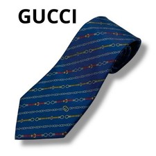 Gucci Necktie Tie 100% Silk Blue Chain Striped Pattern 3.5 inches From Japan