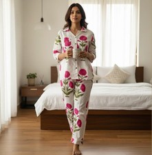 Handmade Indian Hand Block Floral Women  s Cotton Nightwear Pajama Set