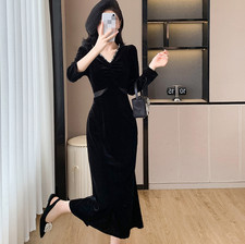 2024 Autumn and Winter New Fashion V-neck Elegant Fishtail Velvet Dress Women