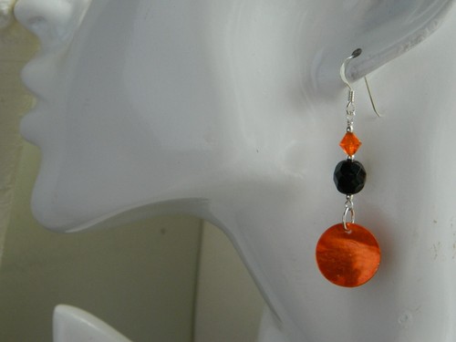 Metallic Orange MoP Shell Discs, French Jet, Crystal & Sterling Silver Earrings - Picture 3 of 14