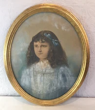 Large Antique "Female Portrait Scene" Pastel Painting - Framed Sad Girl Lace