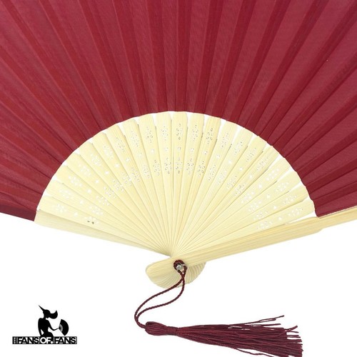 Hand Fan Maroon Red Silky Feel Bamboo Ribs Organza Bag Wedding Party Favour - Picture 7 of 12