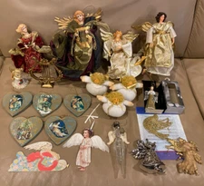 Vintage Christmas Lot 21 Ornaments ANGELS Glass Paper Plastic Hearts Porcelain