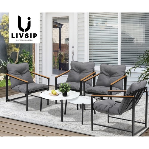 Livsip 6PC Outdoor Patio Furniture Set Round White Marble Table Sets - Picture 4 of 10