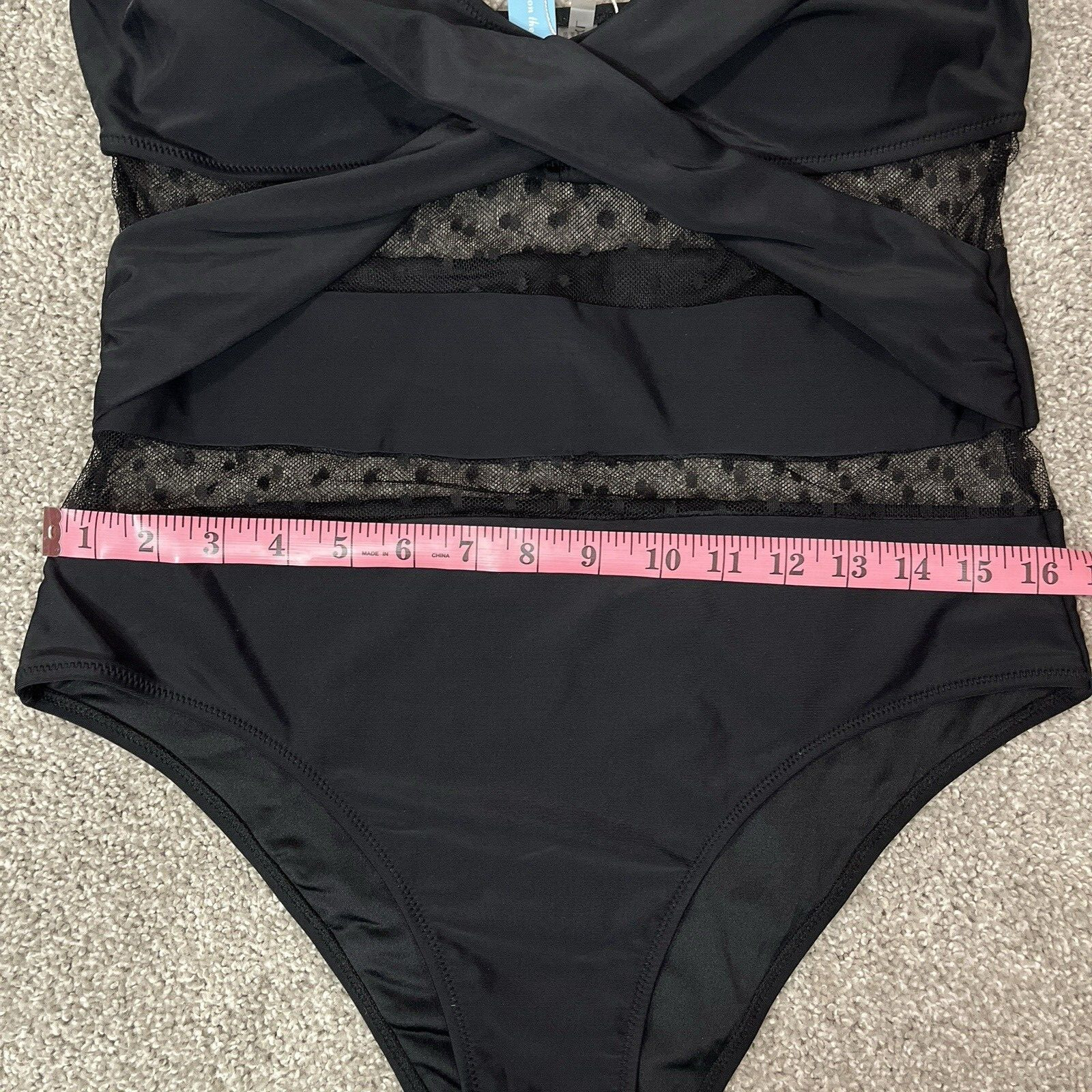 One Piece Swim Suit Women XL  Black Wrap Around Polka Dot Sheer Burnout