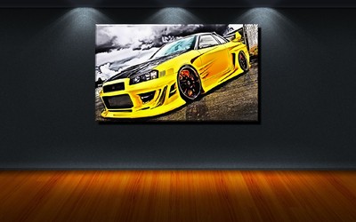LEINWAND BILD XXL POP ART NISSAN SKYLINE GTR AUTO ABSTRAKT BUNT S/W BIS 150x90