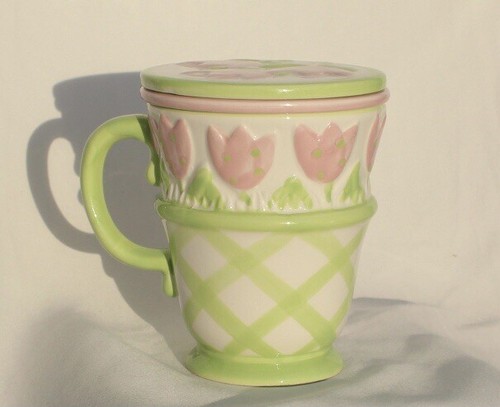 KMART Tazza Ceramica Diffusore/Coperchio Modello Tulipano Rosa con Accenti Reticolo Verde - Foto 8 di 8