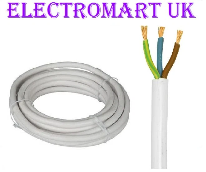 ELECTROMART 3 CORE MAINS CABLE WIRE FLEX WHITE 13A 13 AMP PRICED PER METER