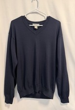L.L. Bean Mens 100 Wool High V- Neck Pullover Sweater Washable Navy - Large