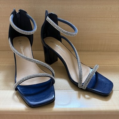 Wells Fountn Women's Navy Blue Rhinestone Strappy Block Heel Sandals Size 6 NEW