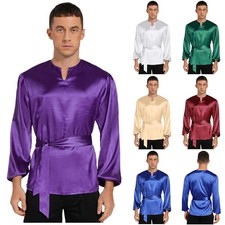 Men Tops Blouses Shirt Lyrical Pullover Costume Belt Silky Lace Modern Praise