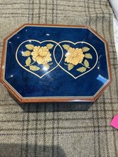Reuge Swiss Movement Music Box Blue Marquetry Inlay Plays Memory Cats Italy