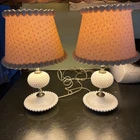 2 Vtg Small White Milk Glass Hobnail Bedroom Boudoir Table Lamps Cottage Shades