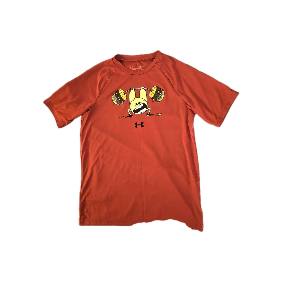 安德玛青年男孩红色 T 恤大号新奇印花汉堡包举重 — 第 2/4 张图片