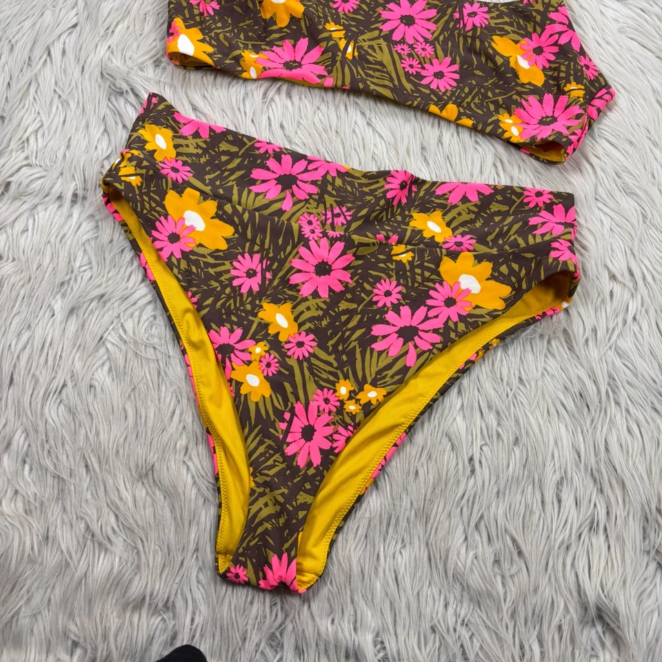 Aerie Women's XL Pink Green Yellow Floral Bikini Swimsuit High Cut Cheeky Scoop - Image 2 of 4