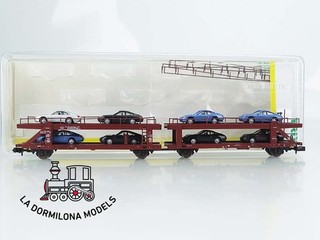 MV644 Escala N MINITRIX 15357 Autotransportwagen mit 8 Porsche der DB OVP