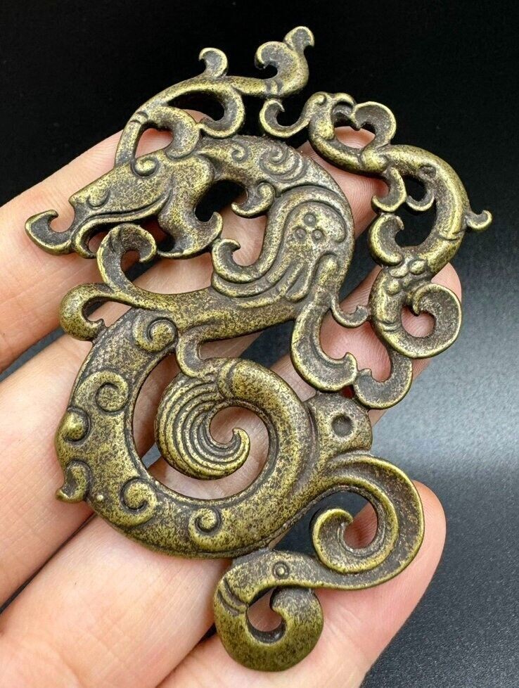 7.9CM Old China Copper Feng Shui Dragon Phoenix hollow out Pendant Necklace