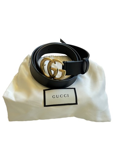 GUCCI #414516  SZ 90 Black Leather Belt 42" Brass GG Signature Buckle With Cover