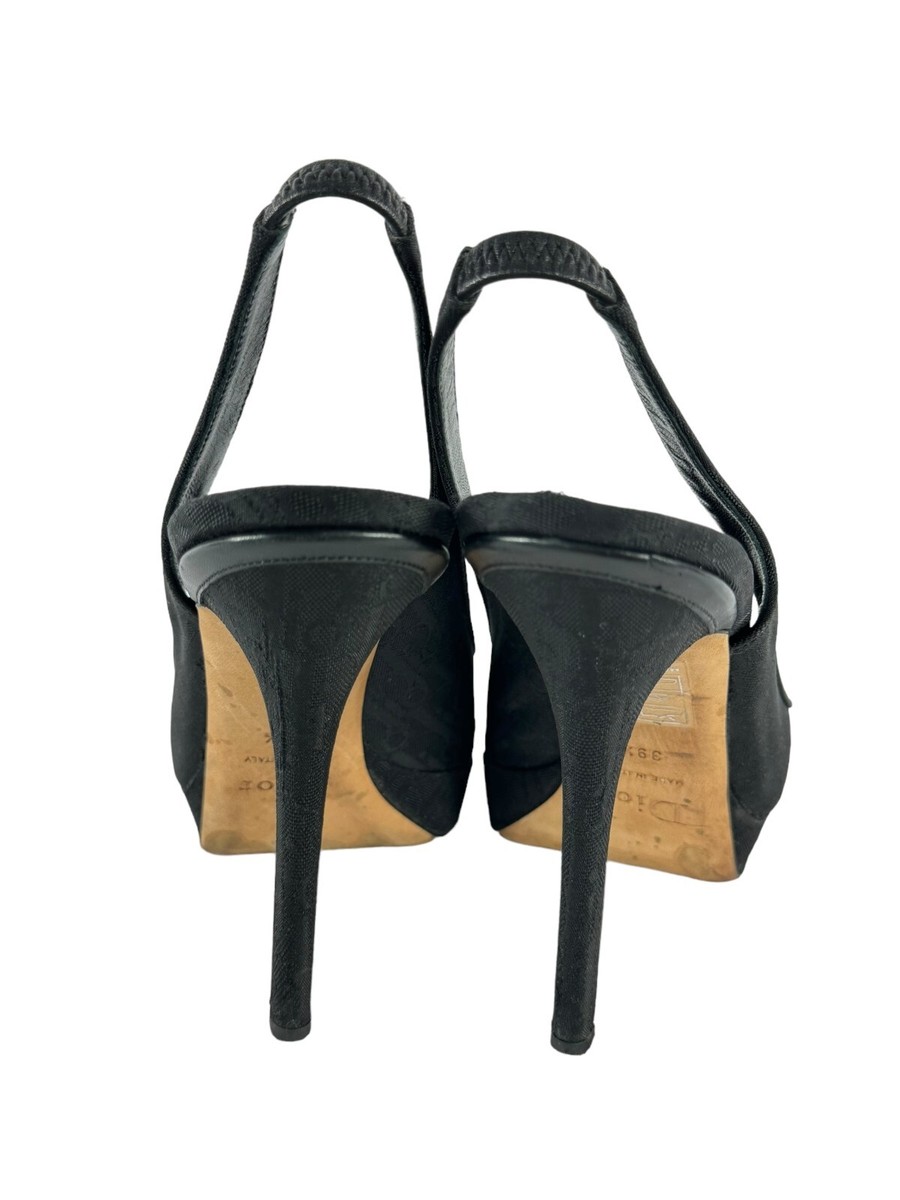 DIOR Black Monogram Canvas Open Peep Toe Logo Plaque Heels