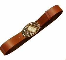 Chicos Waist Belt S Wide Brown Leather Silver Gold Rhinestones Buckle