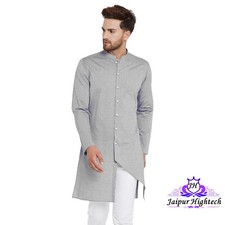 Handmade Gray Cotton Wedding Party Wear Kurta Summer Comfortable Outfit For Men