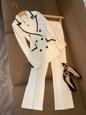 Black White Women Office Suits Double-breasted Blazer Elastic Waist Pants Suits