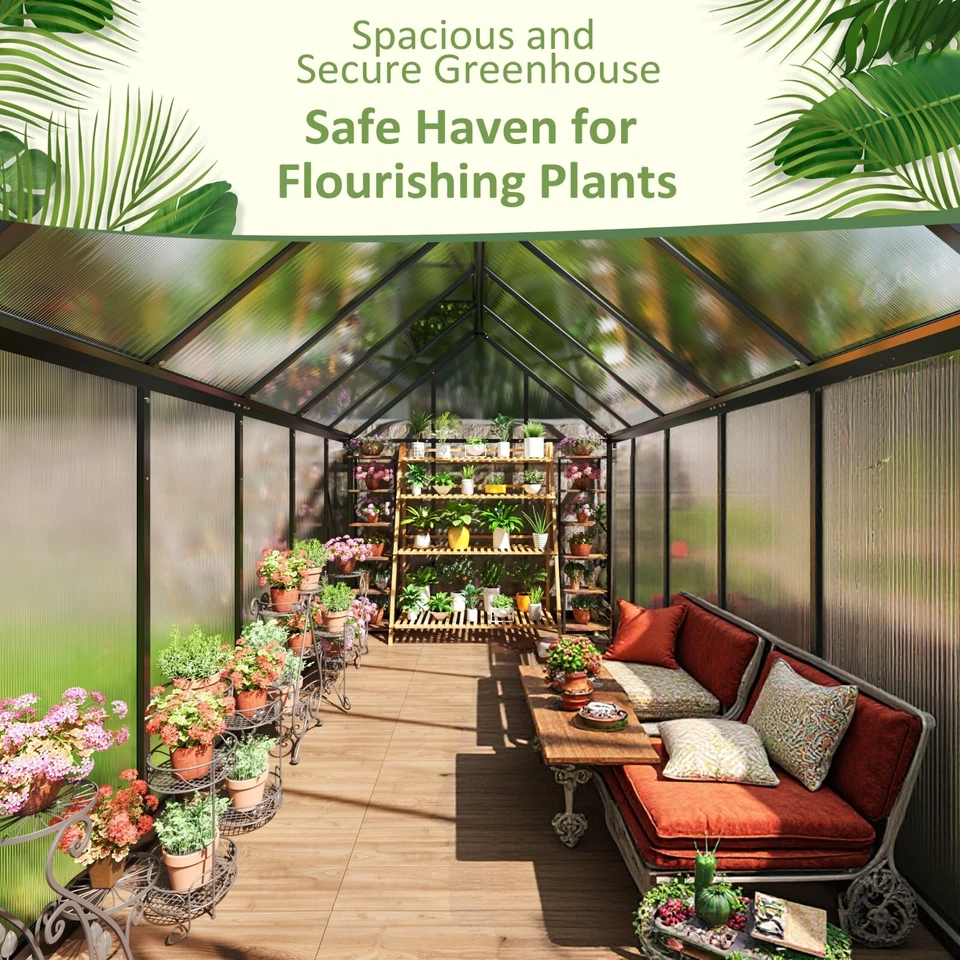 Invernadero de policarbonato de 8x10 pies, configuración rápida al aire libre, marco de aluminio, ventilación de techo Foto 4 de 4