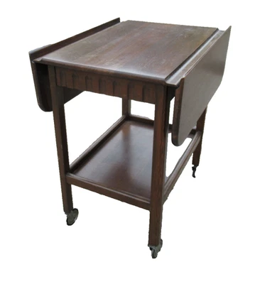 Vintage Oak Drop Leaf Tea Trolley Table On Castors Wooden Serving Table Drinks - Image 1 of 4