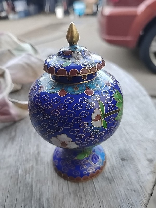Vintage Jar Asian Blue Floral Cloisonne Lidded Brass Ginger Jar 4" Tall