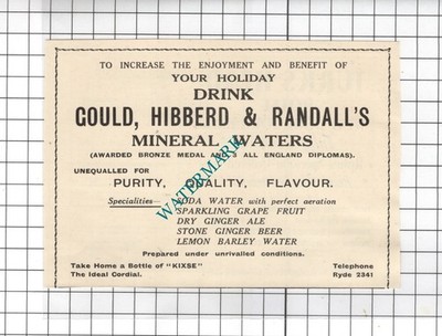 Gould Hibberd & Randall's Mineral Waters Ryde Isle Of Wight - 1938 kleine Anzeige